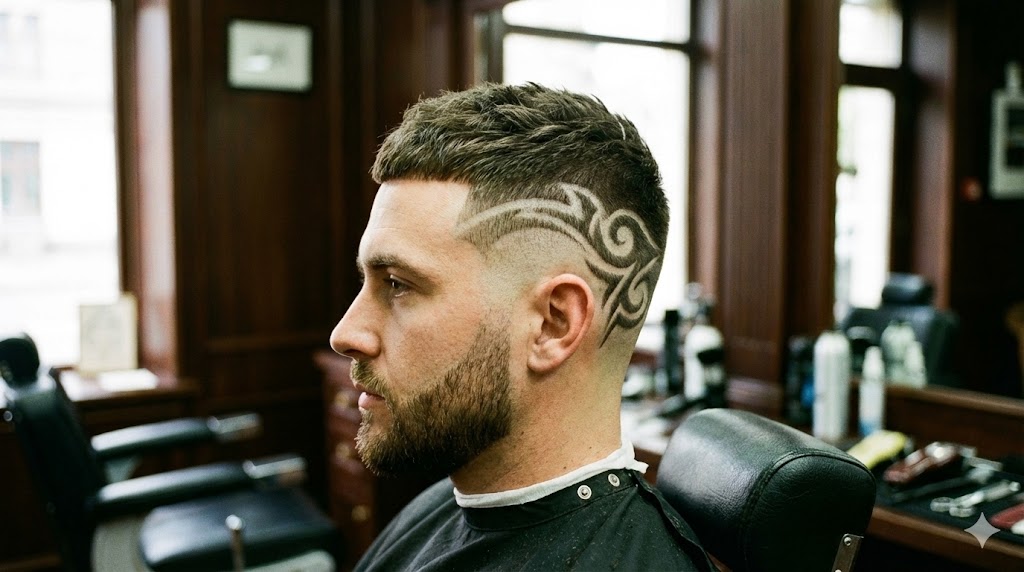 Barba e corte fade com desenho tribal